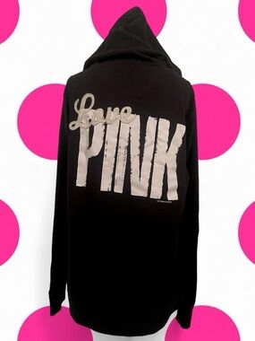Vintage 2010 VS PINK • Black & White Zip up Hoodie LOVE PINK Logo • SIZE - L
